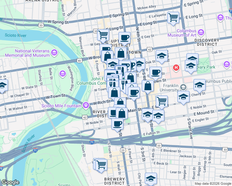 map of restaurants, bars, coffee shops, grocery stores, and more near 166 South High Street in Columbus
