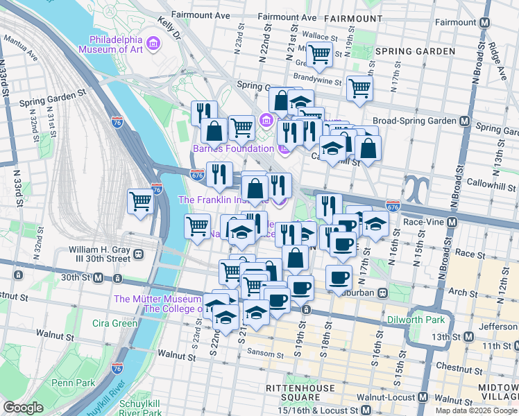 map of restaurants, bars, coffee shops, grocery stores, and more near 240 North 21st Street in Philadelphia