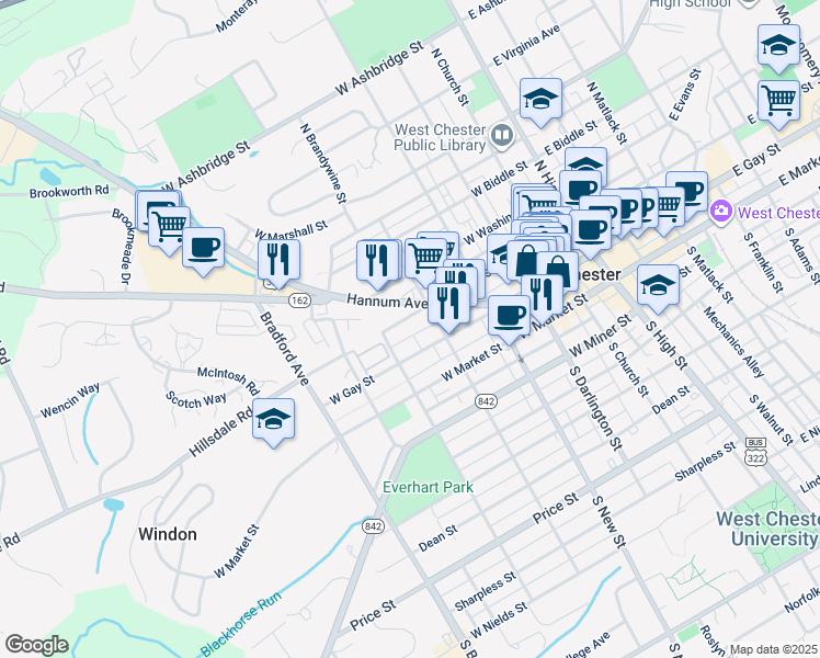 map of restaurants, bars, coffee shops, grocery stores, and more near 426 West Chestnut Street in West Chester