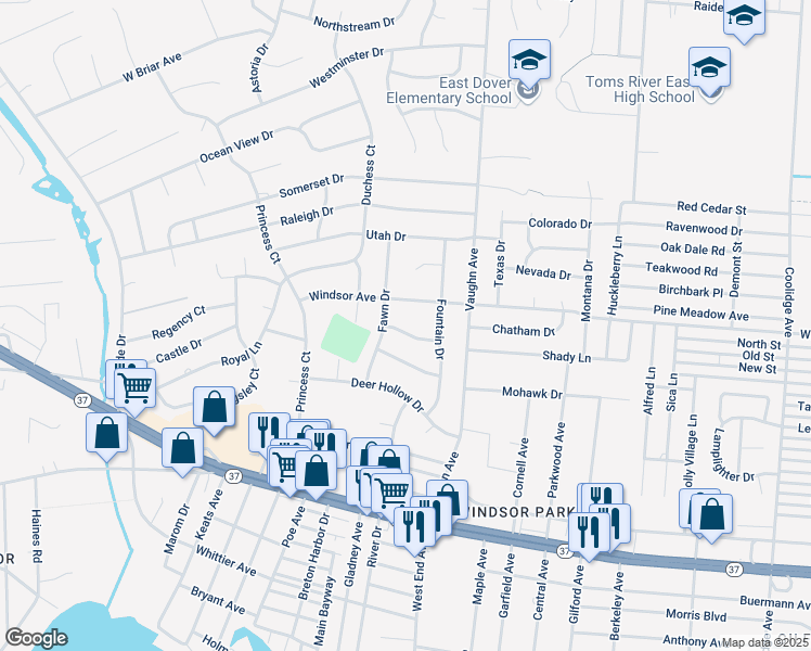 map of restaurants, bars, coffee shops, grocery stores, and more near 1460 Randolph Street in Toms River