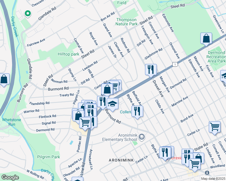 map of restaurants, bars, coffee shops, grocery stores, and more near 1213 Ellston Road in Havertown