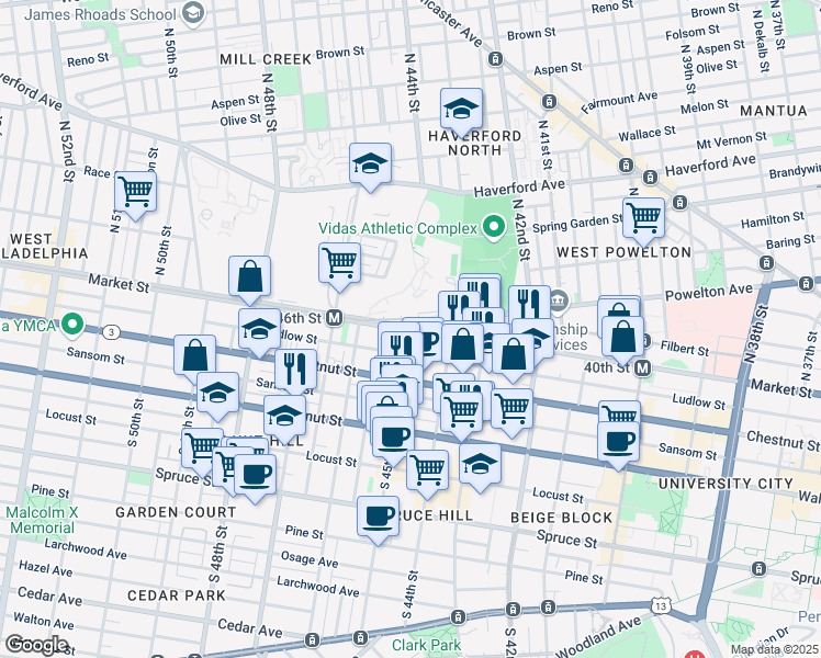 map of restaurants, bars, coffee shops, grocery stores, and more near 2 South 45th Street in Philadelphia