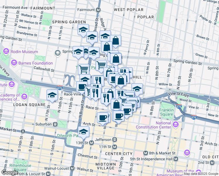 map of restaurants, bars, coffee shops, grocery stores, and more near 314 North 12th Street in Philadelphia