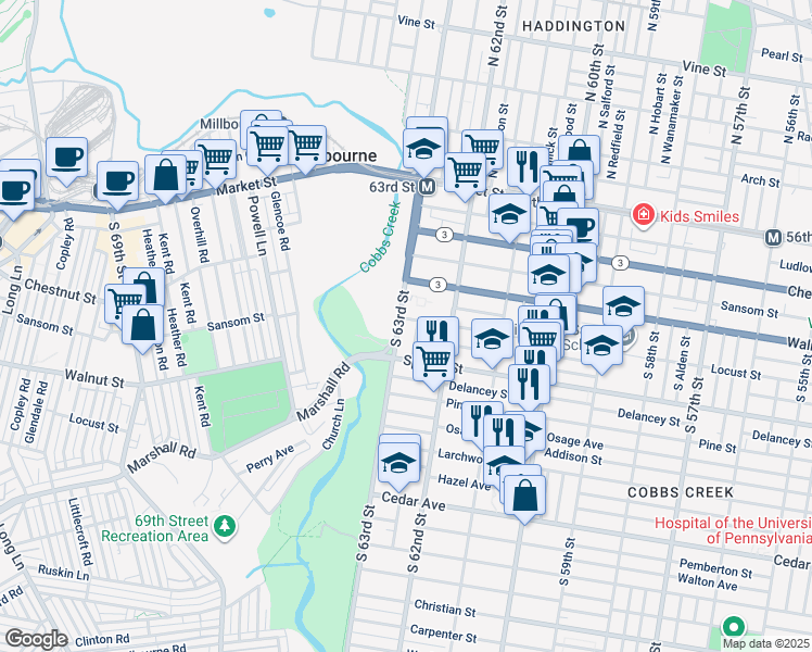 map of restaurants, bars, coffee shops, grocery stores, and more near 251 South 63rd Street in Philadelphia