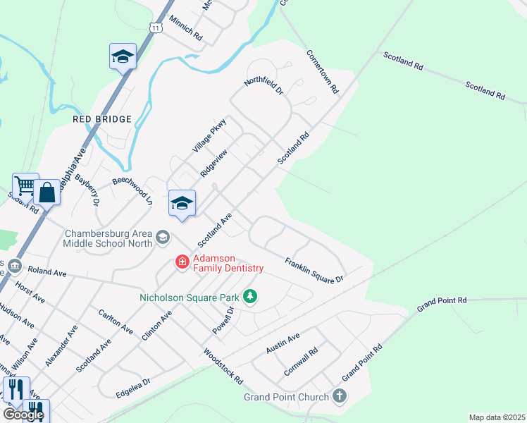 map of restaurants, bars, coffee shops, grocery stores, and more near 768 Franklin Square Drive in Chambersburg