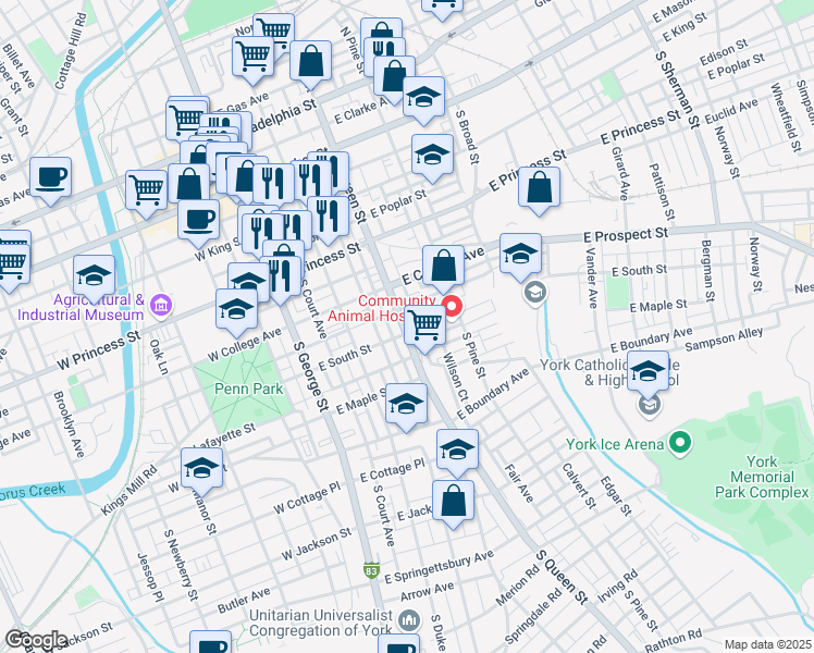 map of restaurants, bars, coffee shops, grocery stores, and more near 355 South Queen Street in York