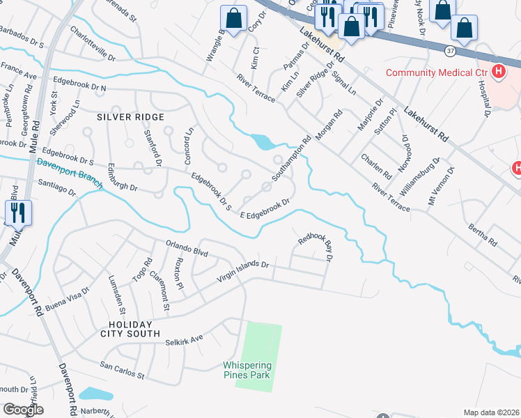 map of restaurants, bars, coffee shops, grocery stores, and more near 1038 North Edgebrook Drive in Toms River
