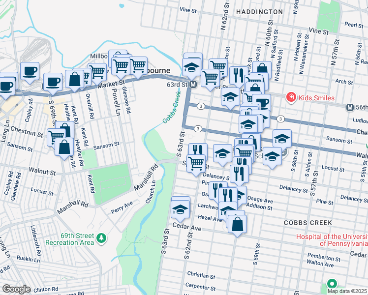 map of restaurants, bars, coffee shops, grocery stores, and more near 251 South 63rd Street in Philadelphia