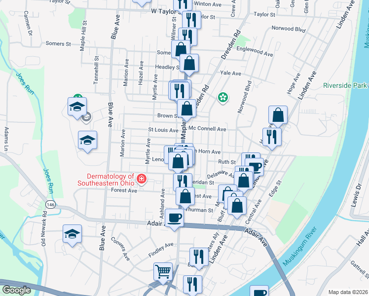 map of restaurants, bars, coffee shops, grocery stores, and more near 16 Stanton Avenue in Zanesville