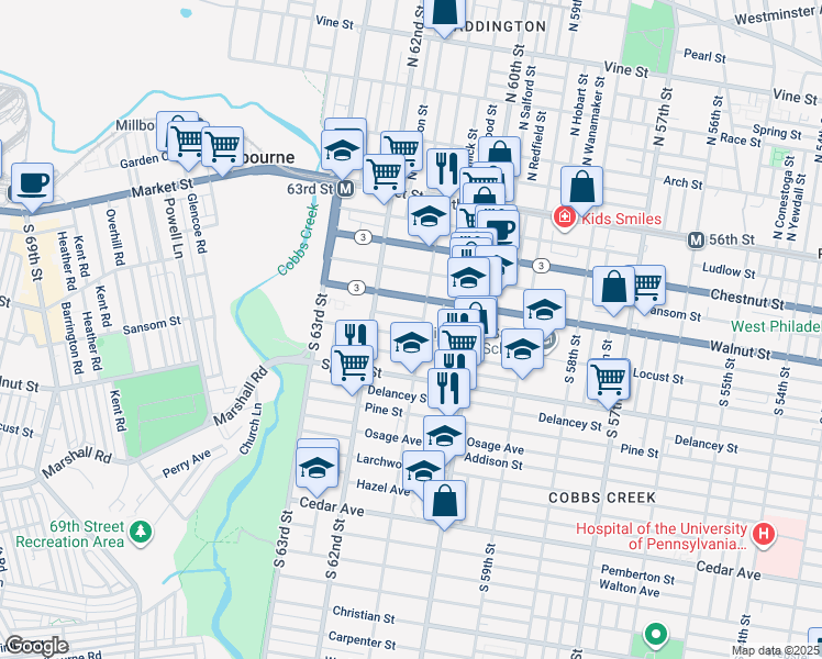 map of restaurants, bars, coffee shops, grocery stores, and more near 6111 Locust Street in Philadelphia