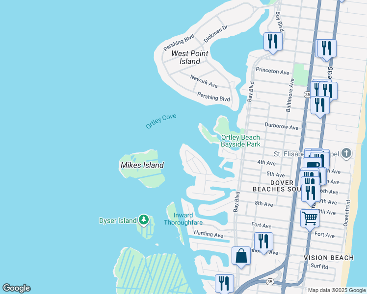 map of restaurants, bars, coffee shops, grocery stores, and more near 25 Harborside Drive West in Seaside Heights