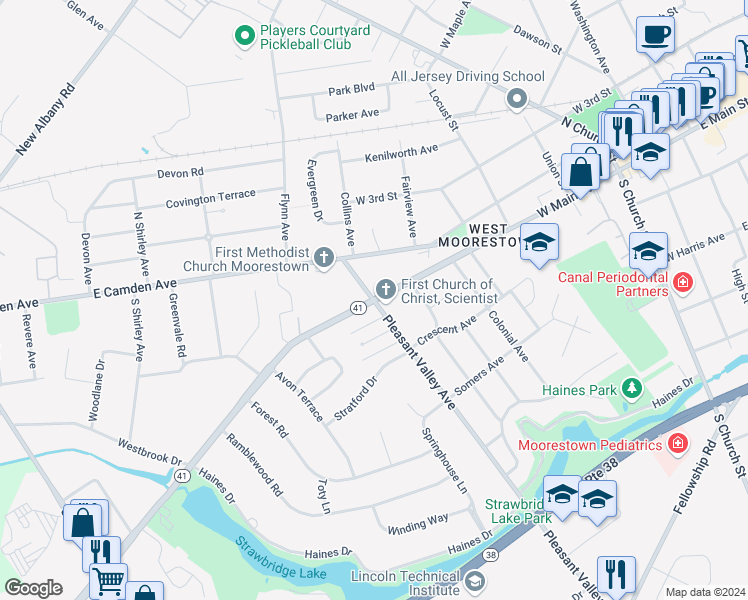 map of restaurants, bars, coffee shops, grocery stores, and more near 483 Kings Highway in Moorestown