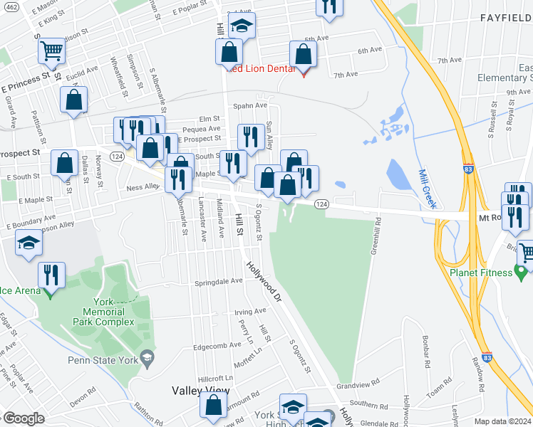 map of restaurants, bars, coffee shops, grocery stores, and more near 631 South Ogontz Street in York