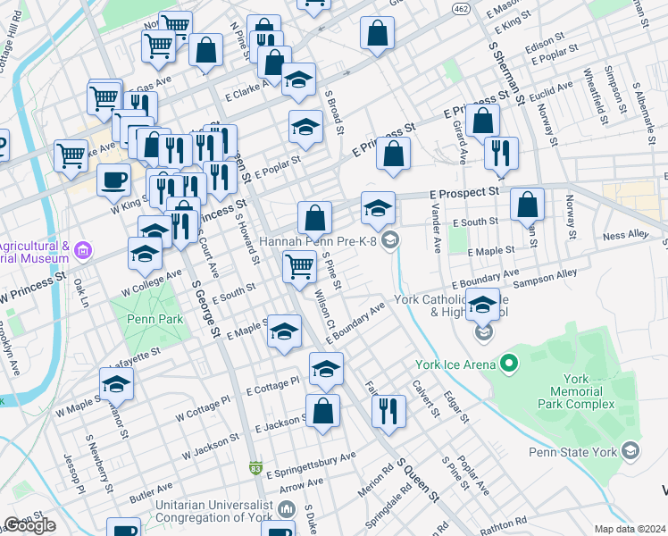 map of restaurants, bars, coffee shops, grocery stores, and more near 419 South Pine Street in York