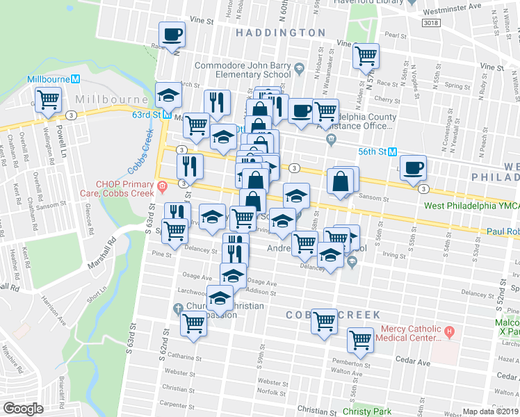 map of restaurants, bars, coffee shops, grocery stores, and more near 225 South 60th Street in Philadelphia