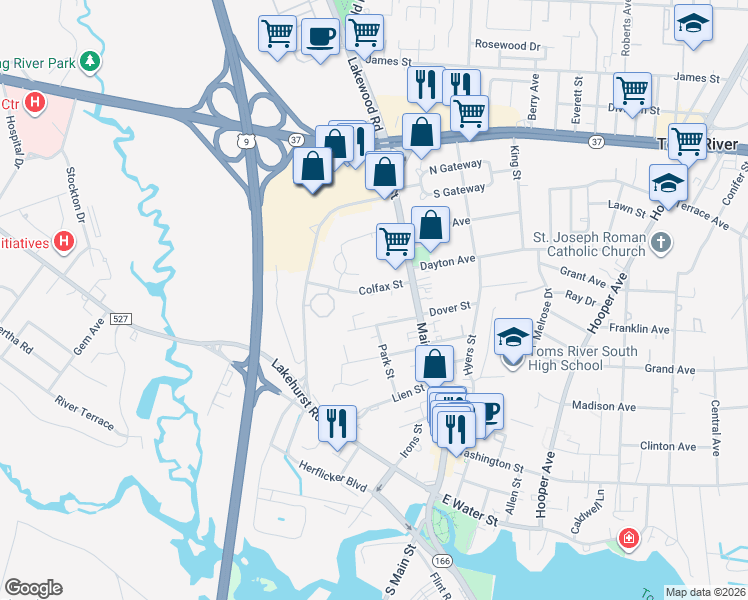 map of restaurants, bars, coffee shops, grocery stores, and more near 20 Colfax Street in Toms River