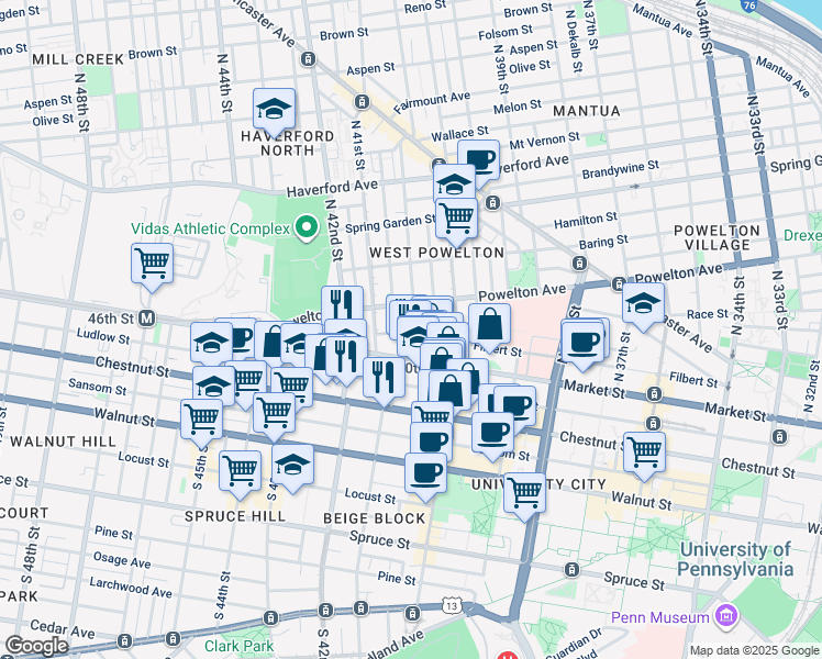 map of restaurants, bars, coffee shops, grocery stores, and more near 22 North Preston Street in Philadelphia