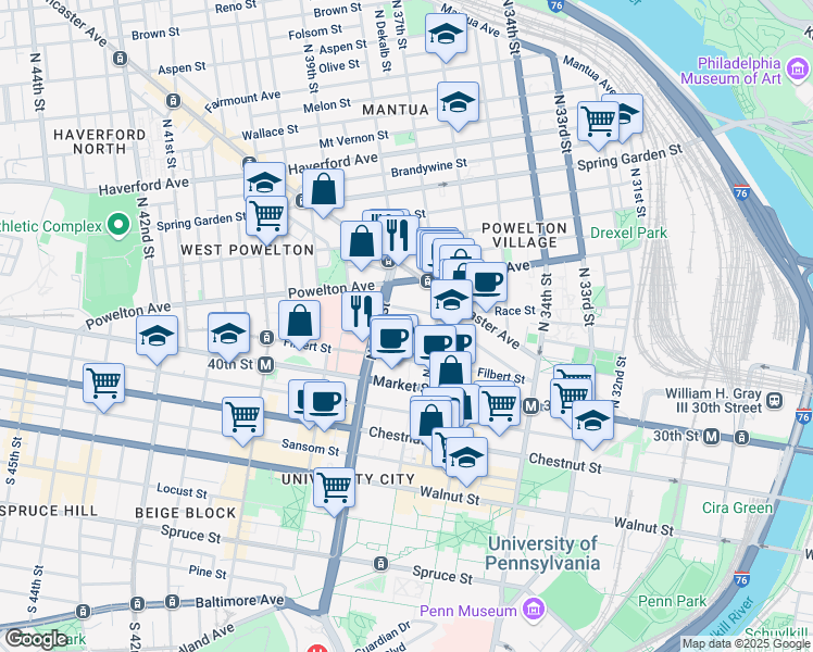 map of restaurants, bars, coffee shops, grocery stores, and more near 225 North 38th Street in Philadelphia