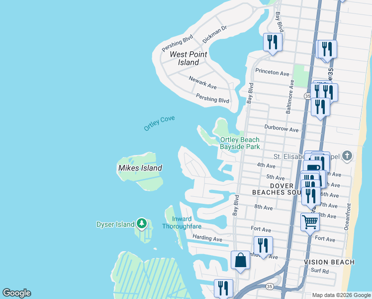 map of restaurants, bars, coffee shops, grocery stores, and more near 36 Harborside Drive East in Seaside Heights