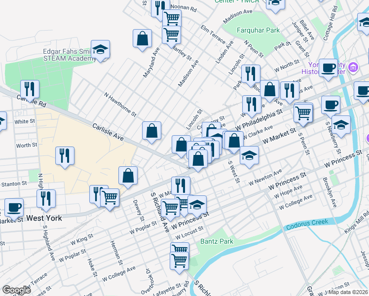 map of restaurants, bars, coffee shops, grocery stores, and more near 739 West Philadelphia Street in York
