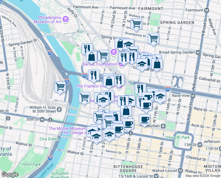 map of restaurants, bars, coffee shops, grocery stores, and more near 240 North 21st Street in Philadelphia