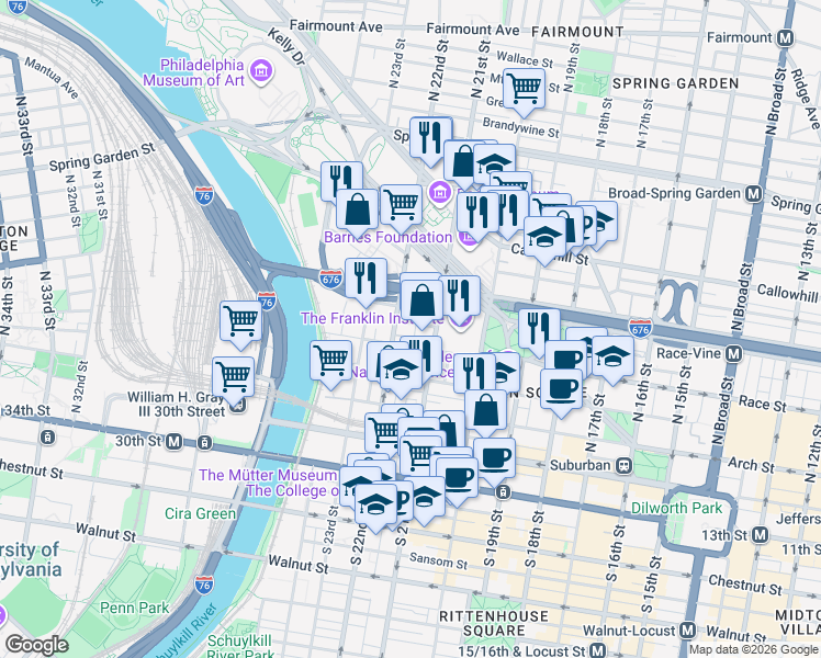 map of restaurants, bars, coffee shops, grocery stores, and more near 2144 Spring Street in Philadelphia