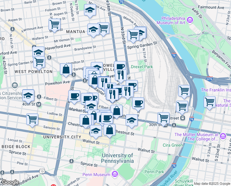 map of restaurants, bars, coffee shops, grocery stores, and more near 3416 Race Street in Philadelphia