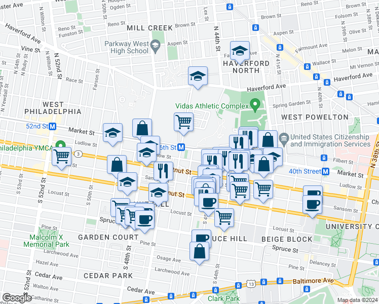 map of restaurants, bars, coffee shops, grocery stores, and more near 45-04 Market Street in Philadelphia
