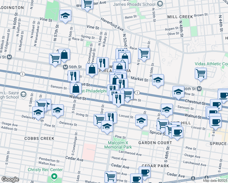 map of restaurants, bars, coffee shops, grocery stores, and more near 5234 Pennsylvania 3 in Philadelphia