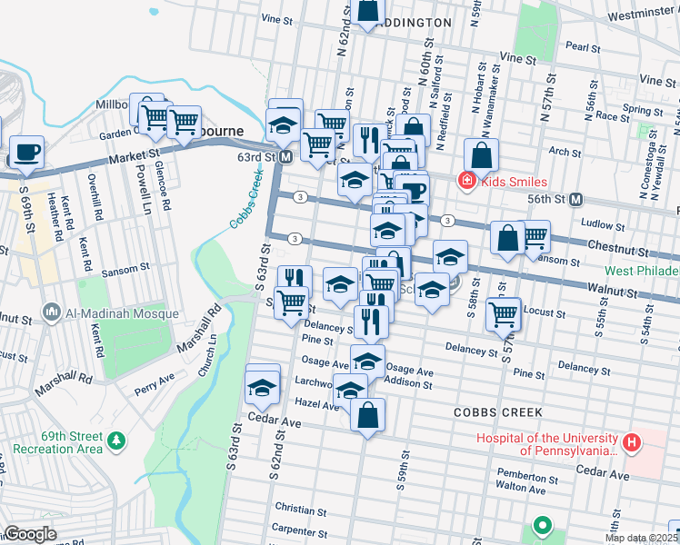 map of restaurants, bars, coffee shops, grocery stores, and more near 6132 Chancellor Street in Philadelphia