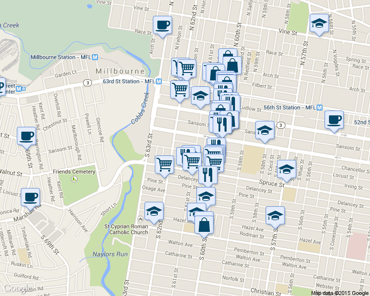 map of restaurants, bars, coffee shops, grocery stores, and more near 6132 Chancellor Street in Philadelphia