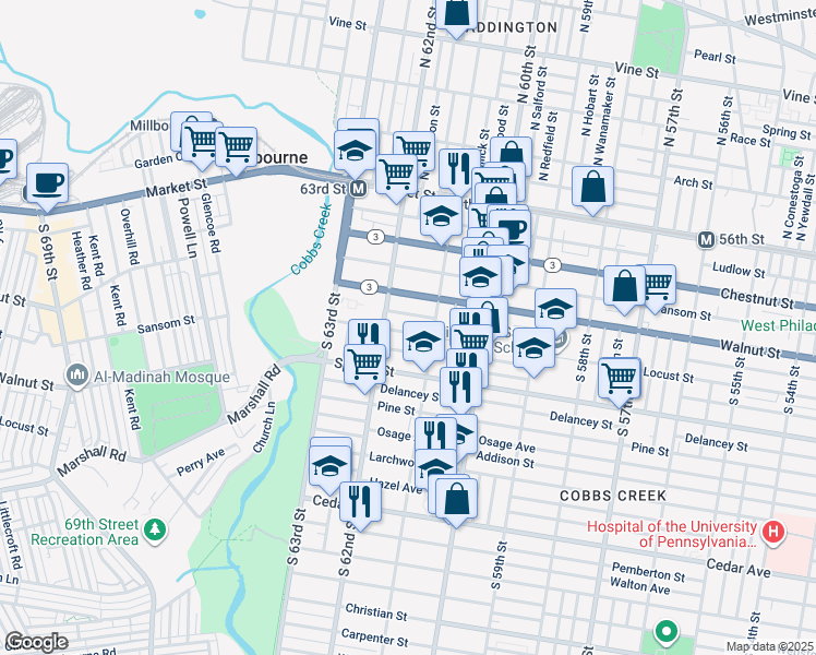 map of restaurants, bars, coffee shops, grocery stores, and more near 6132 Chancellor Street in Philadelphia