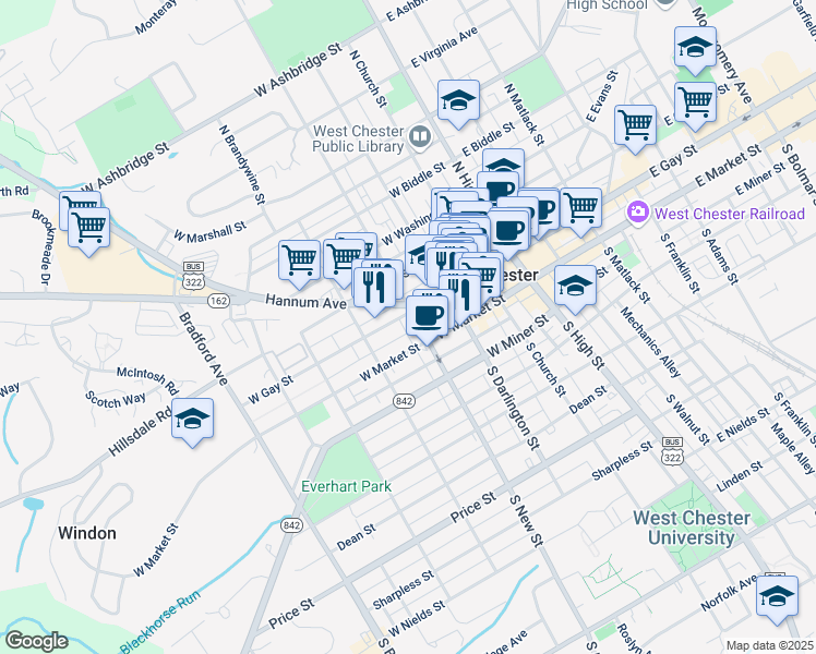 map of restaurants, bars, coffee shops, grocery stores, and more near 34 North New Street in West Chester