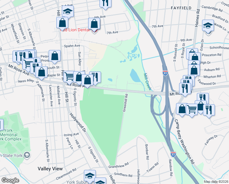 map of restaurants, bars, coffee shops, grocery stores, and more near 1638 Pennsylvania 124 in York