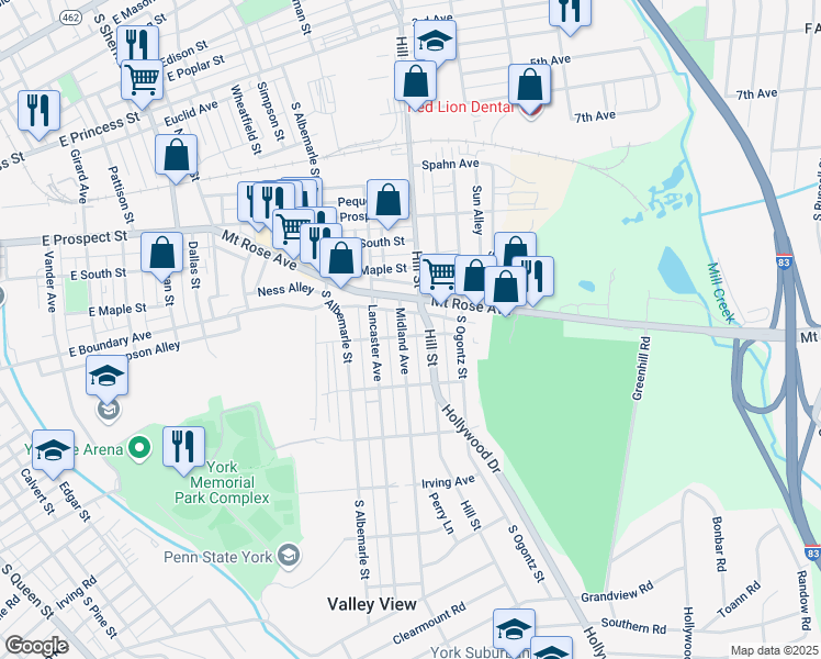 map of restaurants, bars, coffee shops, grocery stores, and more near 767 Midland Avenue in York