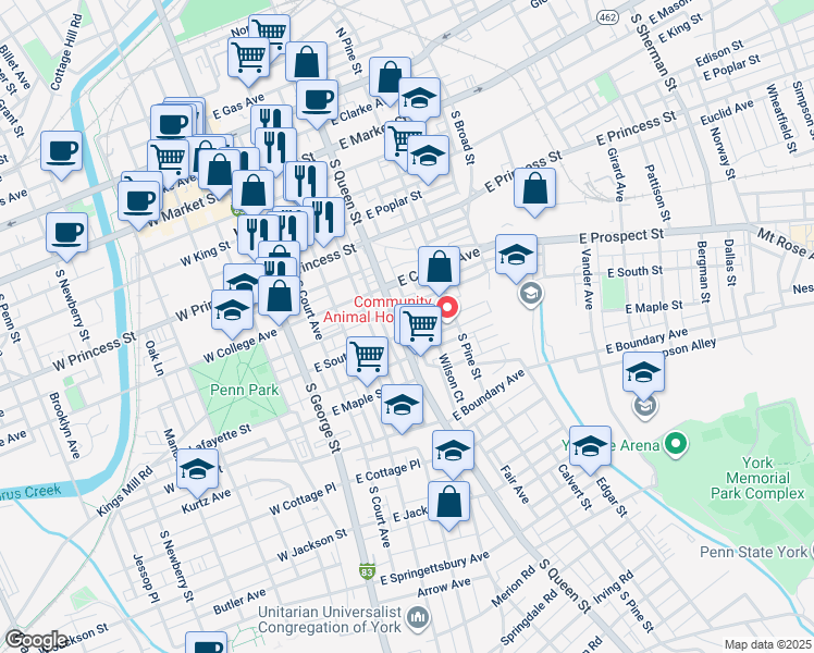 map of restaurants, bars, coffee shops, grocery stores, and more near 349 Susquehanna Avenue in York