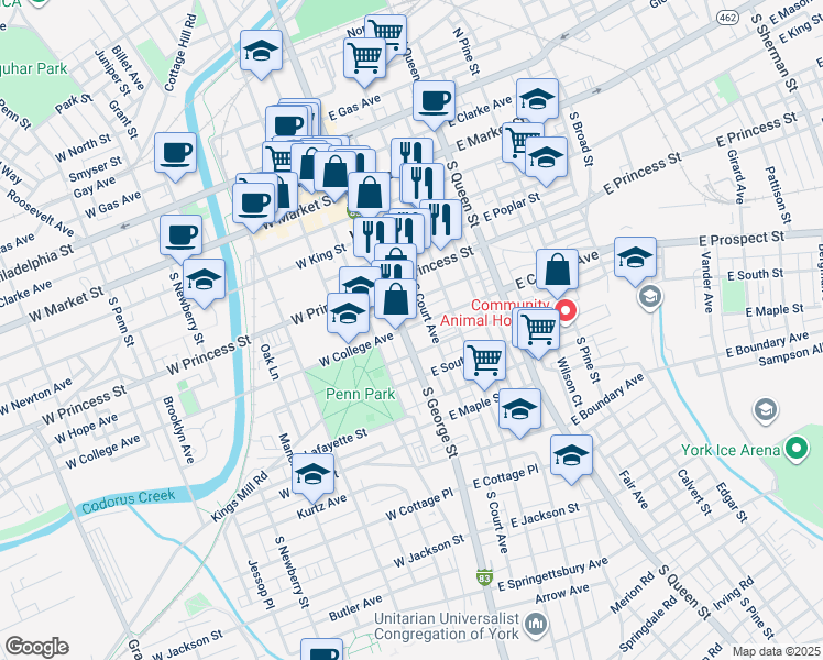 map of restaurants, bars, coffee shops, grocery stores, and more near 301 South George Street in York