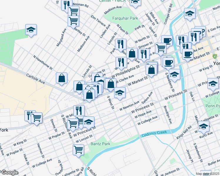 map of restaurants, bars, coffee shops, grocery stores, and more near 581 West Clarke Avenue in York
