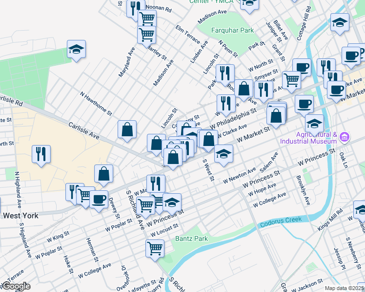 map of restaurants, bars, coffee shops, grocery stores, and more near 626 West Philadelphia Street in York