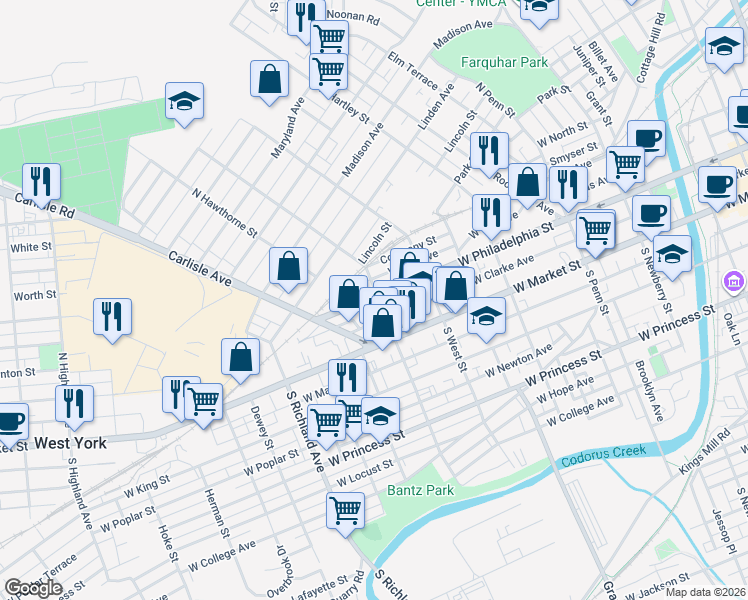map of restaurants, bars, coffee shops, grocery stores, and more near 665 West Philadelphia Street in York