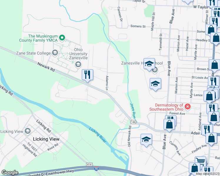 map of restaurants, bars, coffee shops, grocery stores, and more near 1205 Newark Road in Zanesville