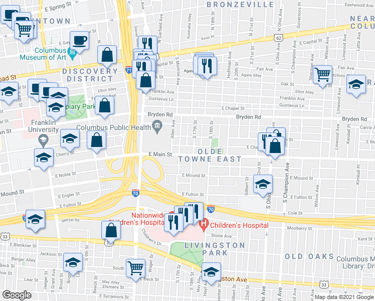 map of restaurants, bars, coffee shops, grocery stores, and more near 292 South Monroe Avenue in Columbus