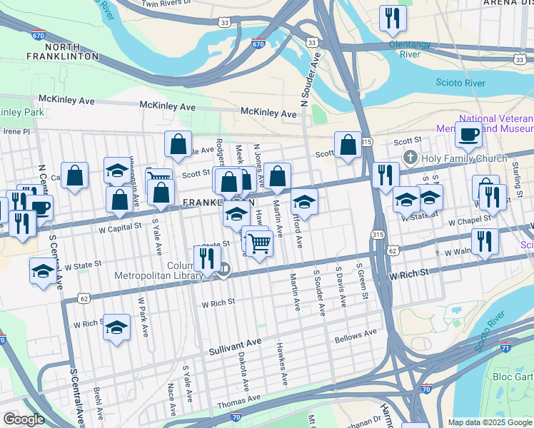 map of restaurants, bars, coffee shops, grocery stores, and more near 37 Martin Avenue in Columbus
