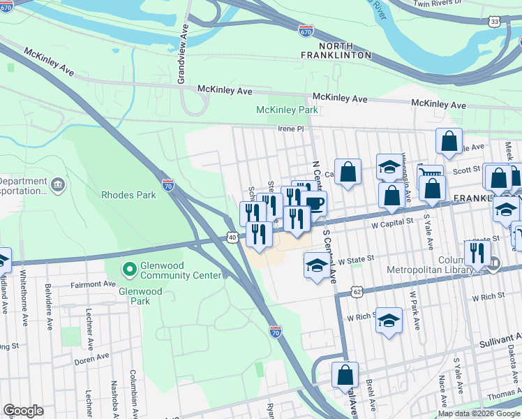 map of restaurants, bars, coffee shops, grocery stores, and more near 53 Stevens Avenue in Columbus