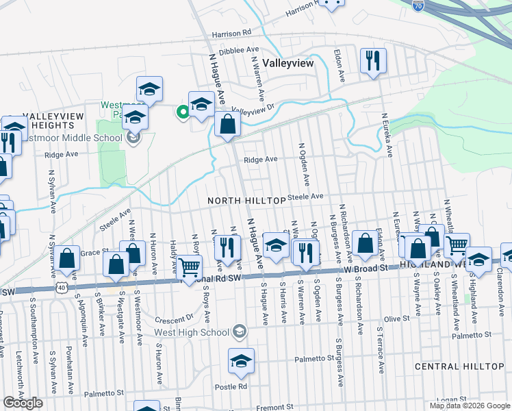 map of restaurants, bars, coffee shops, grocery stores, and more near 2745 Steele Avenue in Columbus