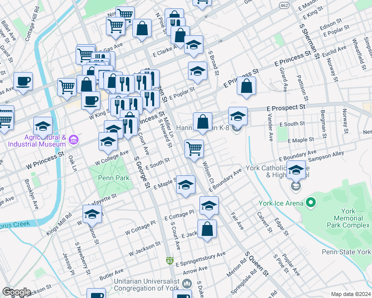 map of restaurants, bars, coffee shops, grocery stores, and more near 353 South Queen Street in York