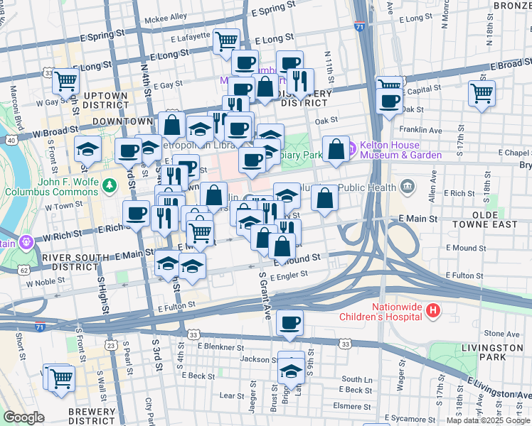 map of restaurants, bars, coffee shops, grocery stores, and more near 387 East Rich Street in Columbus