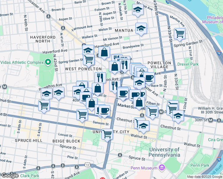 map of restaurants, bars, coffee shops, grocery stores, and more near 51 North 39th Street in Philadelphia