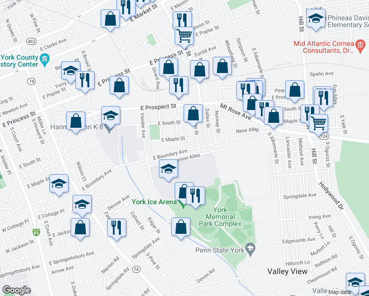 map of restaurants, bars, coffee shops, grocery stores, and more near 807 East Boundary Avenue in York