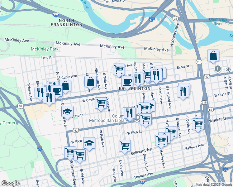 map of restaurants, bars, coffee shops, grocery stores, and more near 1131 West Broad Street in Columbus